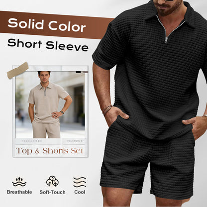 👕 PROMO LIMITÉE 50% DE RÉDUCTION ! ✨ Ensemble Homme 2 Pièces – Haut & Short, Uni, Zip, Tissu Texturé ✨