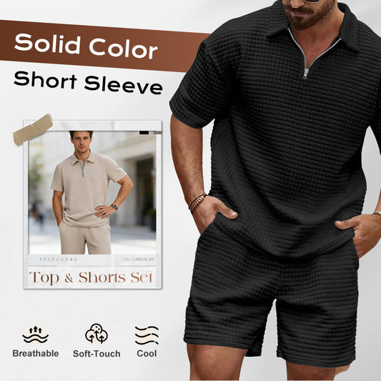 👕 PROMO LIMITÉE 50% DE RÉDUCTION ! ✨ Ensemble Homme 2 Pièces – Haut & Short, Uni, Zip, Tissu Texturé ✨