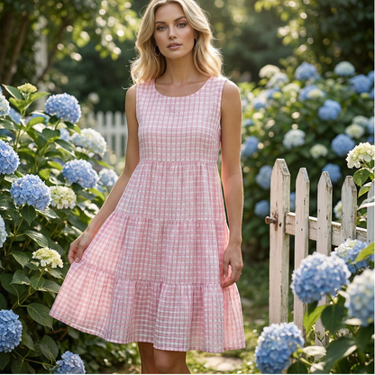 🌼 PROMO LIMITÉE : 50% DE RÉDUCTION ! 👗 Robe d'Été sans Manches à Carreaux – Coupe Trapèze, Tissu Léger & Style Bohème Décontracté 🌸