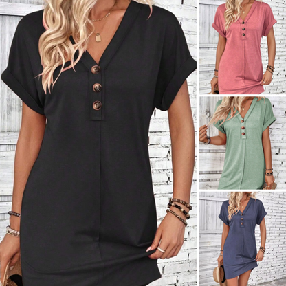 💎 -50% SUR LA ROBE À COL V ET BOUTONS ! 💎 Manches Roulées, Tissu Doux & 5 Couleurs Unies Polyvalentes ✨
