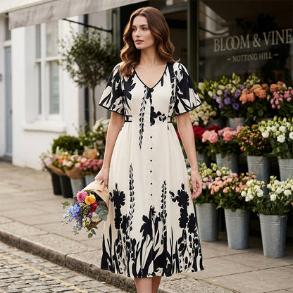 💎 -50% SUR LA ROBE MIDI BOTANIQUE ! 💎 Col V Élégant, Manches Volantées & Imprimé Chic pour un Look Raffiné✨