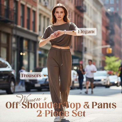 💃 PROMO LIMITÉE 50% DE RÉDUCTION ! 👗 Ensemble 2 Pièces Femme – Haut Asymétrique Épaules Dénudées & Pantalon Large 🍂