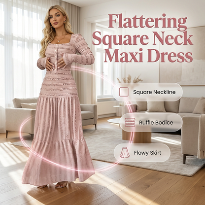 👗 OFFRE SPÉCIALE : 50% DE RÉDUCTION ! 🌸 Robe Longue Femme Col Carré – Tissu Texturé, Corsage Élastique & Silhouette Flatteuse ✨