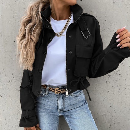 🍂 50% DE RÉDUCTION ! 🧥 Veste à Col Montant avec Boutons-Pression – Coupe Élégante, Cordon de Serrage & Poches