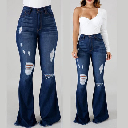 👖 50% DE RÉDUCTION ! Jean Taille Haute Déchiré Évasé pour Femme – Coupe Flatteuse, Denim Élastique & Style Bohème ✨🌸