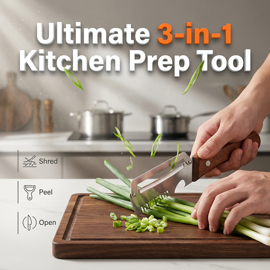 🧄 PROMO LIMITÉE 50% DE RÉDUCTION ! ⚙️ Outil Cuisine 3-en-1 – Éminceur Oignons Verts, Éplucheur, Ouvre-Bouteille ✨