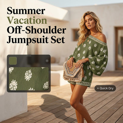☀️ LIMITÉ : 50% DE RÉDUCTION ! ✨ Combishort Bohème Imprimé – Épaules Dénudées, Taille Élastique 🌸