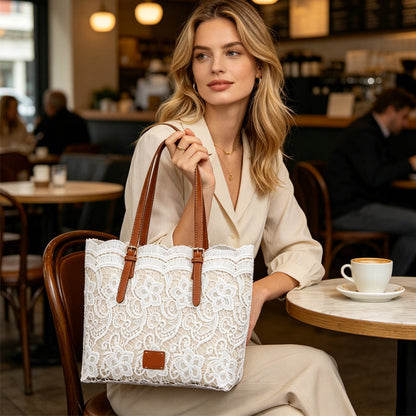 👜 PROMO LIMITÉE 50% DE RÉDUCTION ! 👒 Sac Fourre-Tout Élégant en Dentelle Blanche – Grand Compartiment, Bretelles Réglables 🔐