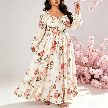 👗 PROMO LIMITÉE 50% DE RÉDUCTION ! 🌺 Robe Maxi Imprimée – Col Carré, Manches Bouffantes, Taille Haute ✨