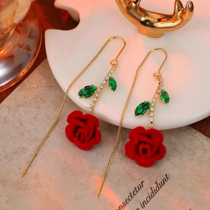🌹 50% DE RÉDUCTION ! ✨ Boucles d'Oreilles Rose Rouge avec Tige en Cristal – Threader Moderne, Léger, Micro-Incrustation 💎