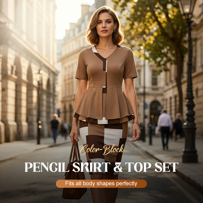 🔥 PROMO LIMITÉE 50% DE RÉDUCTION ! ✨ Ensemble Jupe Crayon & Top Color-Block – Taille Cintrée, Chic, Bureau ✨