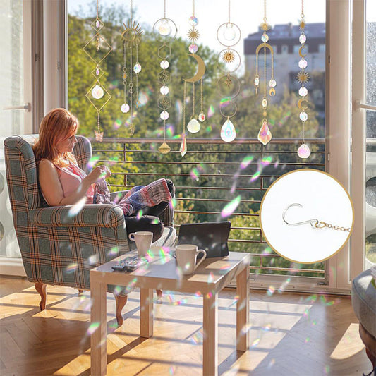 ✨ PROMO LIMITÉE 50% DE RÉDUCTION ! ✨ Attrape-Soleil en Cristal – Reflets Arc-en-Ciel, 43-47cm, Soleil/Lune 🌈
