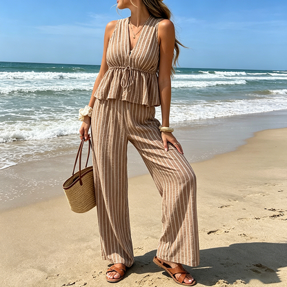 🎉 Soldes 2026 — Plus de 27 000 vendues 👗 Ensemble Deux-Pièces Femme Peplum Rayures ✨