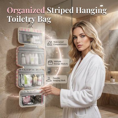 🧳 PROMO LIMITÉE 50% DE RÉDUCTION ! ✨ Trousse de Toilette Suspendue à Rayures – 4 Compartiments, Imperméable, Pliable 🚿