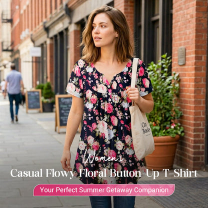 👚 PROMO LIMITÉE 50% DE RÉDUCTION ! ✨ T-shirt Boutonné Floral pour Femme – Fluide, Léger, Polyvalent 🌸