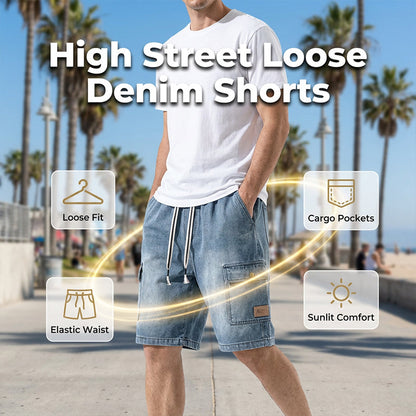 🩳 PROMO LIMITÉE 50% DE RÉDUCTION ! 💥 Short Cargo Denim Ample Homme – Poches Bouton Doré, Ceinture Élastique, Streetwear ✨