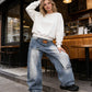👖 PROMO LIMITÉE 50% DE RÉDUCTION ! 💥 Jean Femme Taille Asymétrique Jambe Large – Déconstruit, Lavage Délavé, Coupe 3D ✨