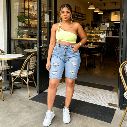 👖 PROMO LIMITÉE 50% DE RÉDUCTION ! 💥 Short Jean Déchiré Grande Taille – Taille Mi-Haute, Tissu Stretch, Tendance ✨
