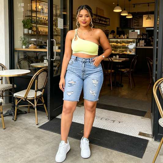 👖 PROMO LIMITÉE 50% DE RÉDUCTION ! 💥 Short Jean Déchiré Grande Taille – Taille Mi-Haute, Tissu Stretch, Tendance ✨