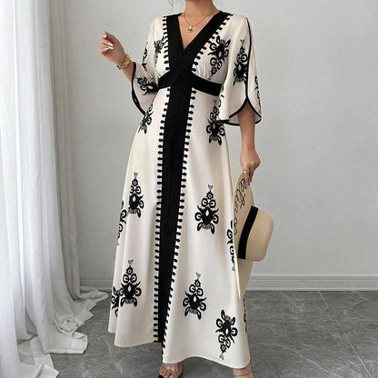 👗 PROMO LIMITÉE 50% DE RÉDUCTION ! 💥 Robe Longue Imprimée à Col en V – Manches Fluides, Taille Haute, Fentes Latérales ✨