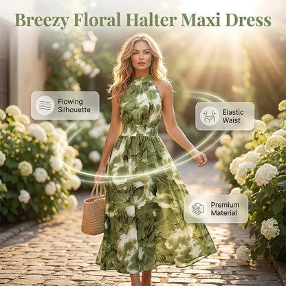 👗 PROMO LIMITÉE 50% DE RÉDUCTION ! 💥 Robe Longue Halter Imprimé Floral – Taille Smockée, Fluide,