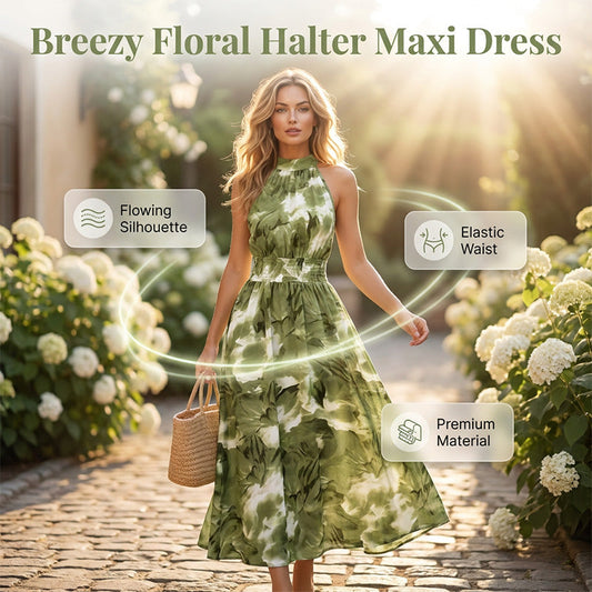 👗 PROMO LIMITÉE 50% DE RÉDUCTION ! 💥 Robe Longue Halter Imprimé Floral – Taille Smockée, Fluide,