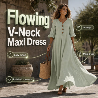 👗 PROMO LIMITÉE 50% DE RÉDUCTION ! ✨ Robe Longue Ample Femme Col V – Fluide, Drapé Doux, Du Jour au Dîner 🌙
