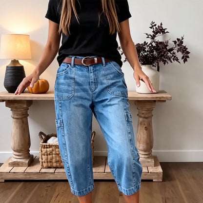 👖 PROMO LIMITÉE 50% DE RÉDUCTION ! ✨ Pantalon Jean Court Extensible Femme – Coupe Barrel, Taille Mi-Haute, Poches Multiples 🌿