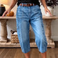 👖 PROMO LIMITÉE 50% DE RÉDUCTION ! ✨ Pantalon Jean Court Extensible Femme – Coupe Barrel, Taille Mi-Haute, Poches Multiples 🌿