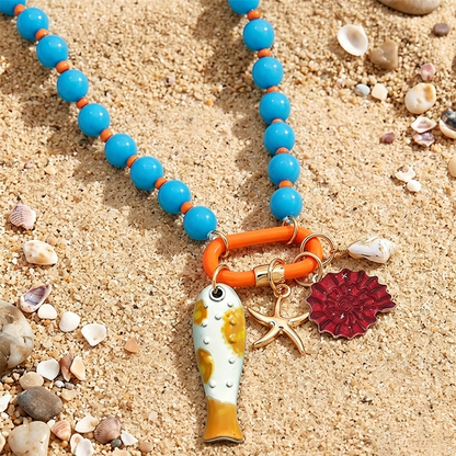 🎉 Soldes 2026 — Plus de 46 000 vendus ! 📿 Collier de perles boho côtier vibrant – Breloques poisson et étoile de mer 🌊