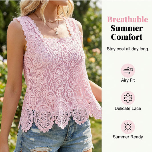 🎉 Soldes 2026 — Plus de 35 000 vendus ! 👚 Haut sans manches en dentelle au crochet – Encolure carrée classique 🌸