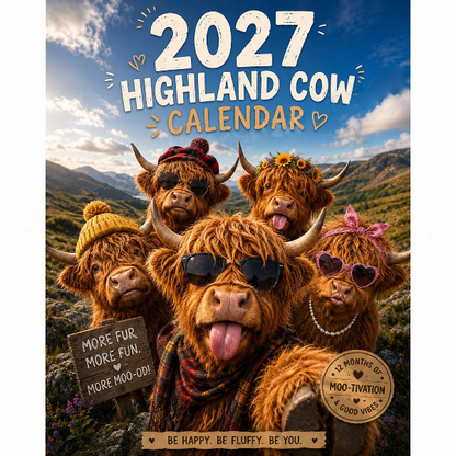🎉 Vente 2026 — Plus de 18 900 vendus!🔥 Calendrier mural « Highland Cow » 2027