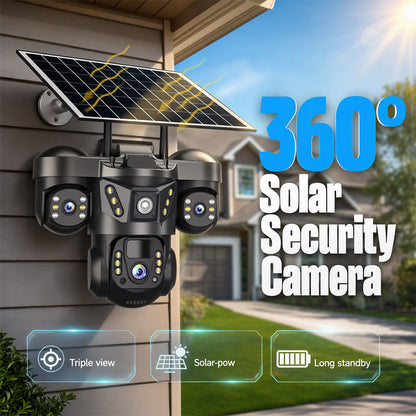 📹 -50% AUJOURD'HUI SEULEMENT 🔆 Caméra Solaire Triple Objectif — Vue 360°, IP67, Sans Fil