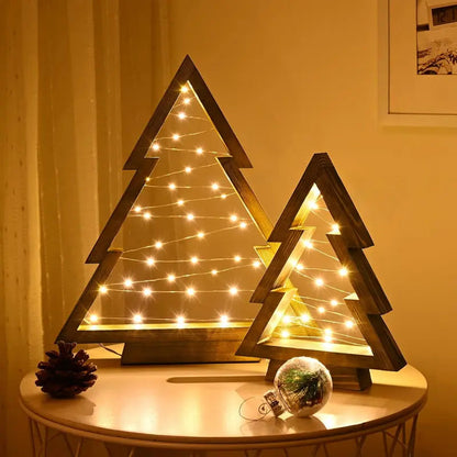 Lot de 2 sapins de Noël en bois de table avec guirlande lumineuse LED